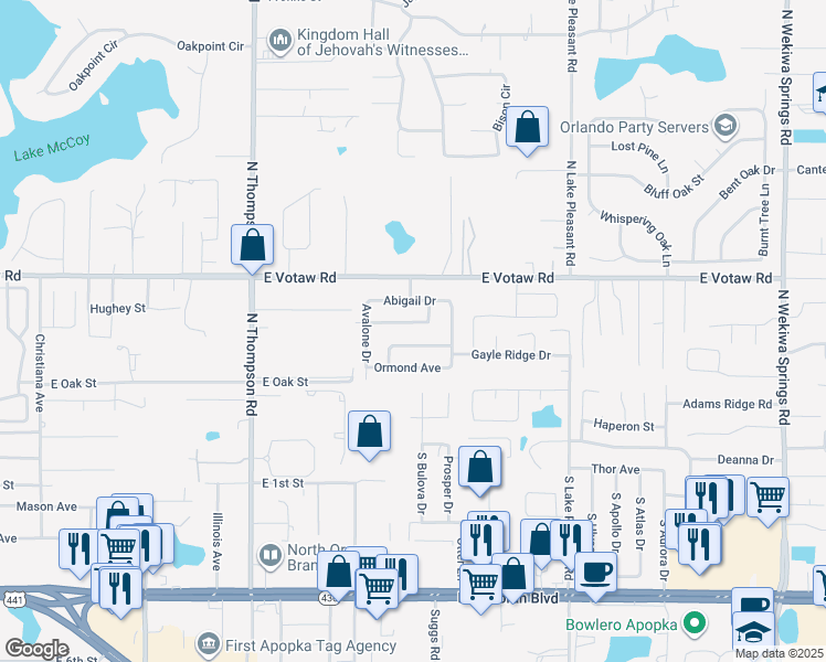 map of restaurants, bars, coffee shops, grocery stores, and more near 1511 Gayle Ridge Drive in Apopka