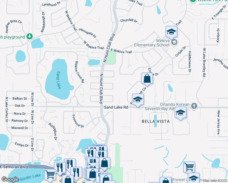map of restaurants, bars, coffee shops, grocery stores, and more near 109 Cumberland Circle East in Wekiwa Springs