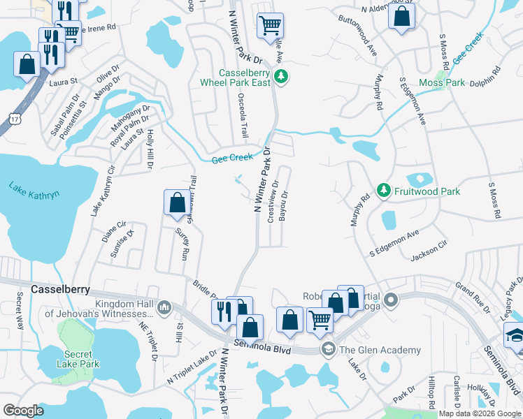 map of restaurants, bars, coffee shops, grocery stores, and more near 691 North Winter Park Drive in Casselberry