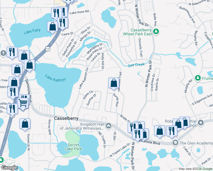 map of restaurants, bars, coffee shops, grocery stores, and more near 610 Diane Circle in Casselberry