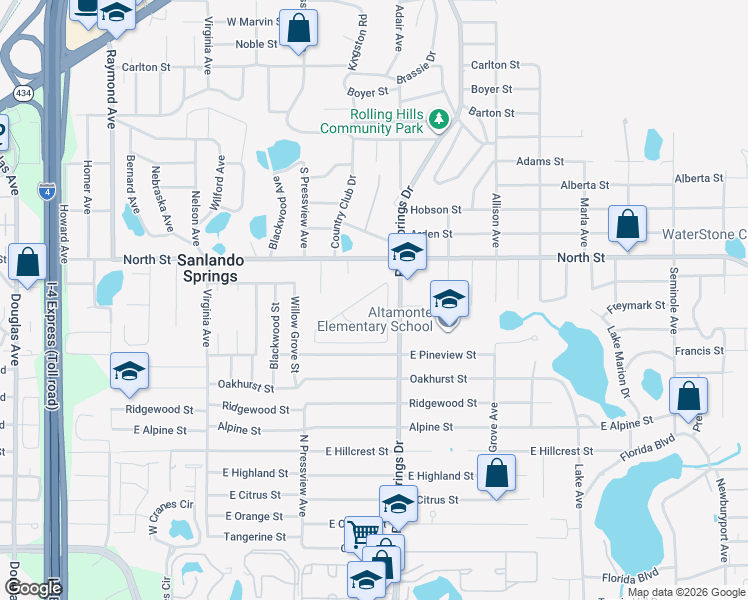 map of restaurants, bars, coffee shops, grocery stores, and more near 305 Robin Hill Drive in Altamonte Springs