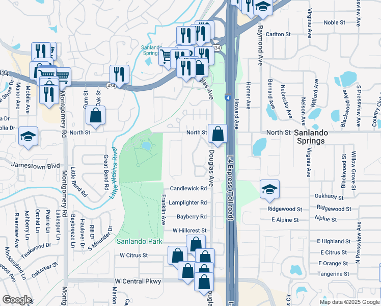 map of restaurants, bars, coffee shops, grocery stores, and more near 950 Douglas Avenue in Altamonte Springs