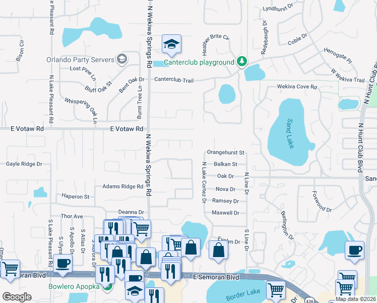 map of restaurants, bars, coffee shops, grocery stores, and more near 2374 Walnut Heights Road in Apopka