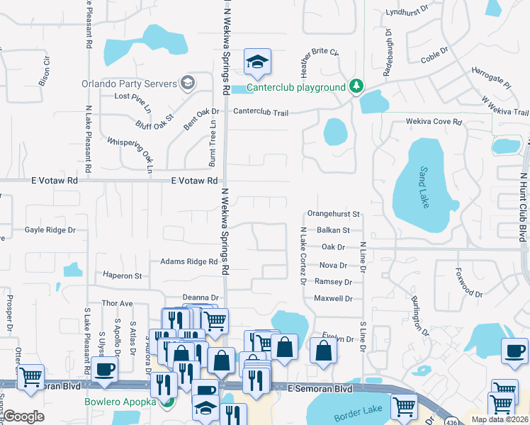 map of restaurants, bars, coffee shops, grocery stores, and more near 2374 Walnut Heights Road in Apopka