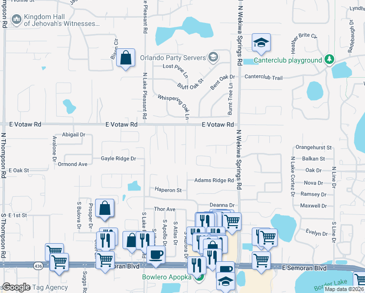 map of restaurants, bars, coffee shops, grocery stores, and more near 2014 Votaw Road in Apopka