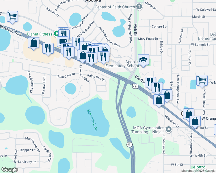 map of restaurants, bars, coffee shops, grocery stores, and more near 1215 Ralph Poe Drive in Apopka