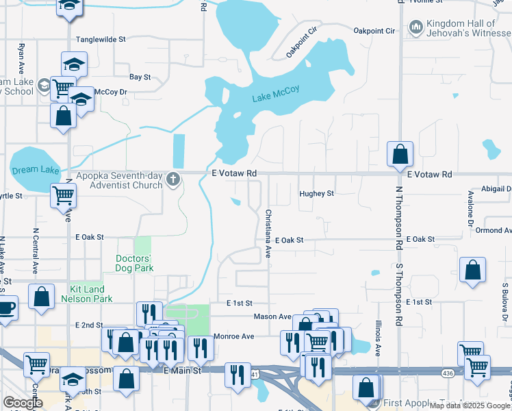 map of restaurants, bars, coffee shops, grocery stores, and more near 302 Mantis Loop in Apopka