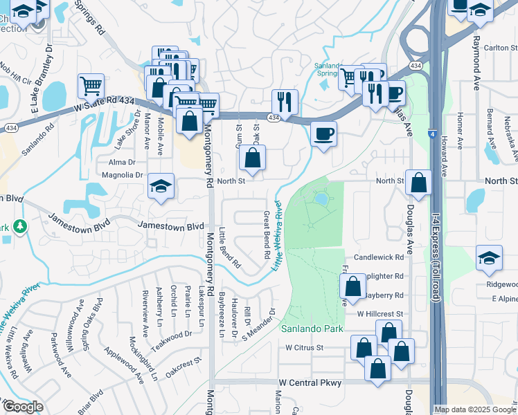 map of restaurants, bars, coffee shops, grocery stores, and more near 905 Great Bend Road in Altamonte Springs