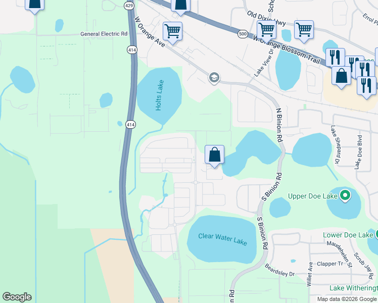 map of restaurants, bars, coffee shops, grocery stores, and more near 2548 Peterson Road in Apopka