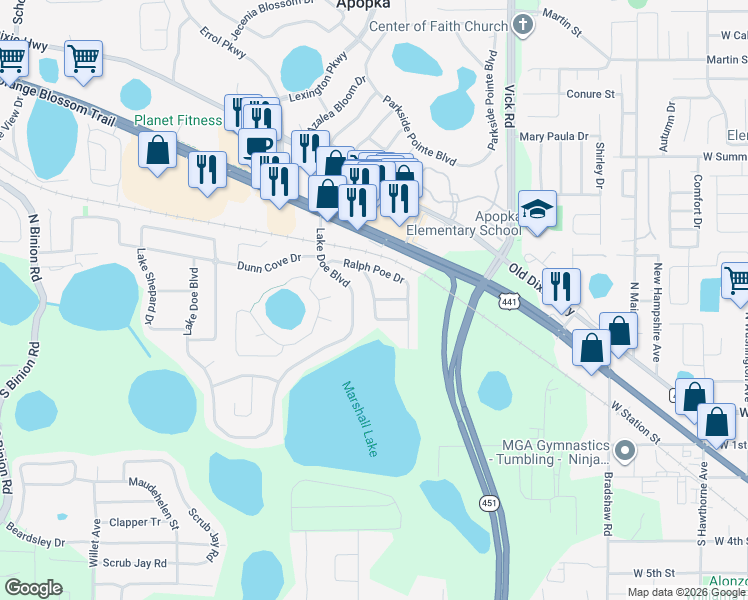 map of restaurants, bars, coffee shops, grocery stores, and more near Nancy Lou Road in Apopka