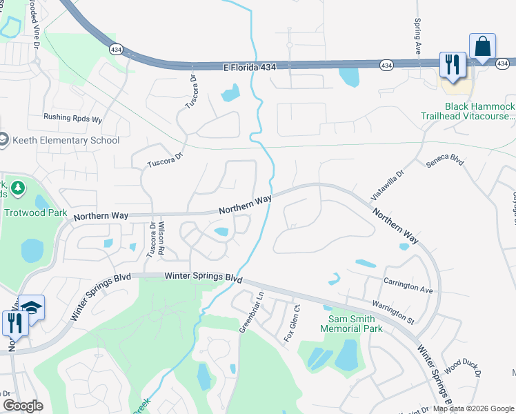map of restaurants, bars, coffee shops, grocery stores, and more near 1466 Connors Lane in Winter Springs