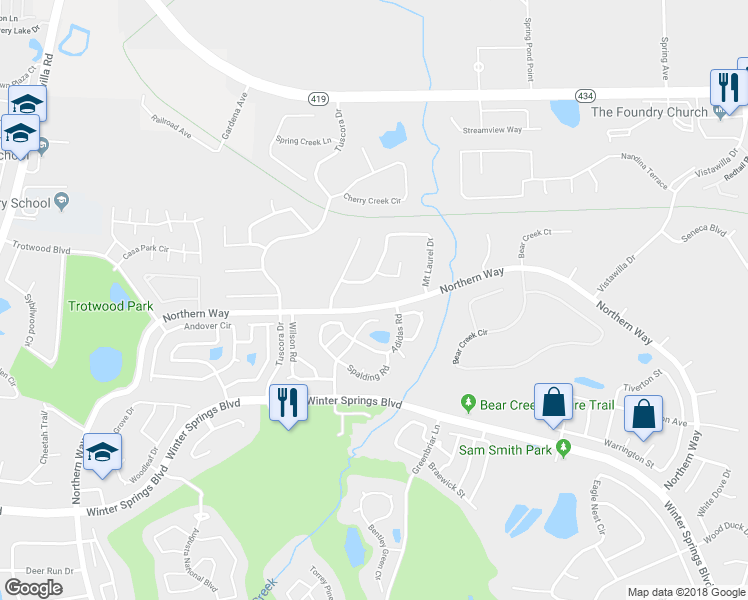 map of restaurants, bars, coffee shops, grocery stores, and more near 1430 Northern Way in Winter Springs