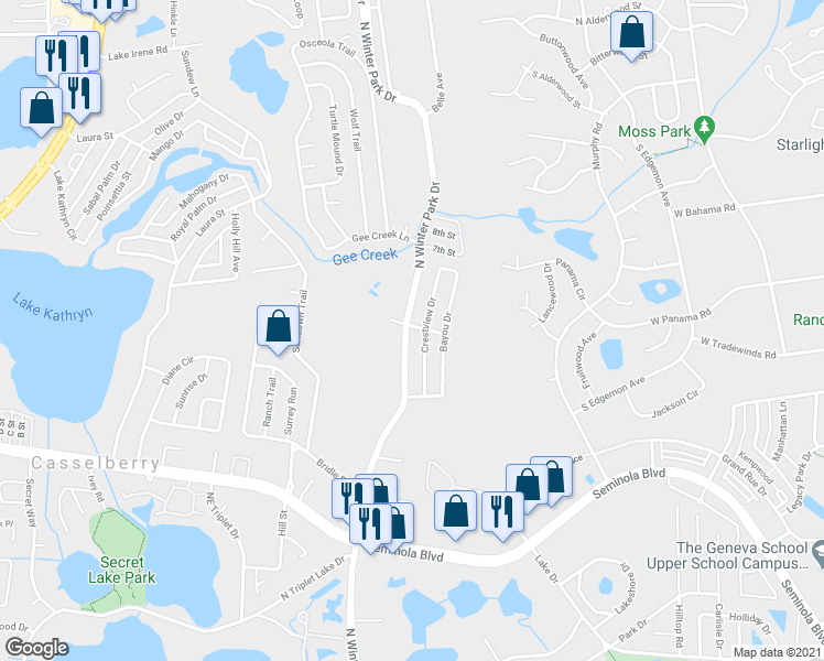 map of restaurants, bars, coffee shops, grocery stores, and more near 720 Crestview Drive in Casselberry