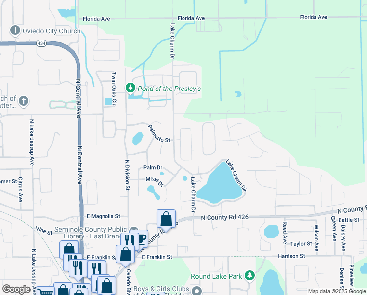 map of restaurants, bars, coffee shops, grocery stores, and more near 803 Palmetto Terrace in Oviedo