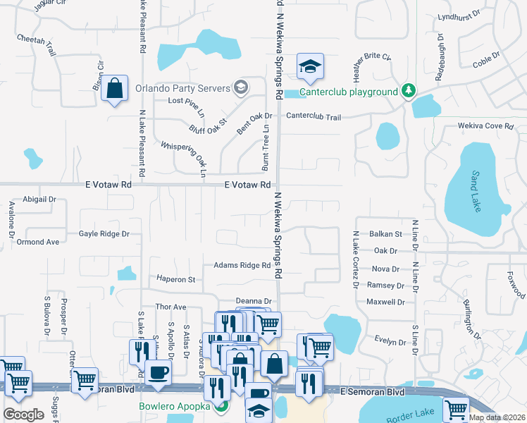 map of restaurants, bars, coffee shops, grocery stores, and more near 2207 Golden Ivy Way in Apopka