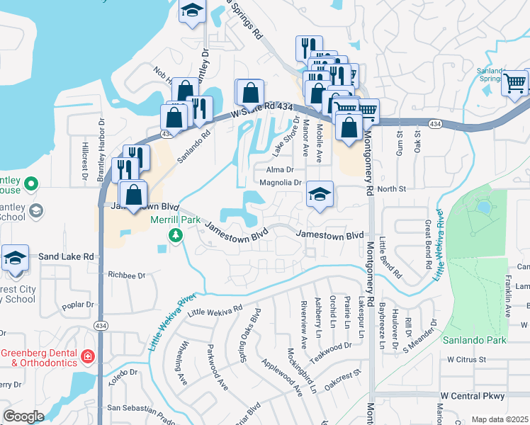map of restaurants, bars, coffee shops, grocery stores, and more near 651 Glades Circle in Altamonte Springs