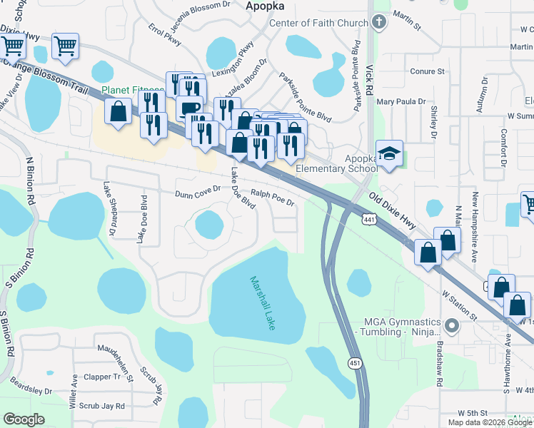 map of restaurants, bars, coffee shops, grocery stores, and more near 406 Nancy Lou Road in Apopka
