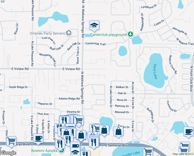 map of restaurants, bars, coffee shops, grocery stores, and more near 314 Walk View Court in Apopka