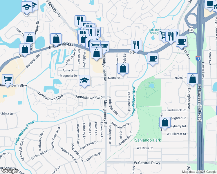 map of restaurants, bars, coffee shops, grocery stores, and more near 902 Delta Court in Altamonte Springs