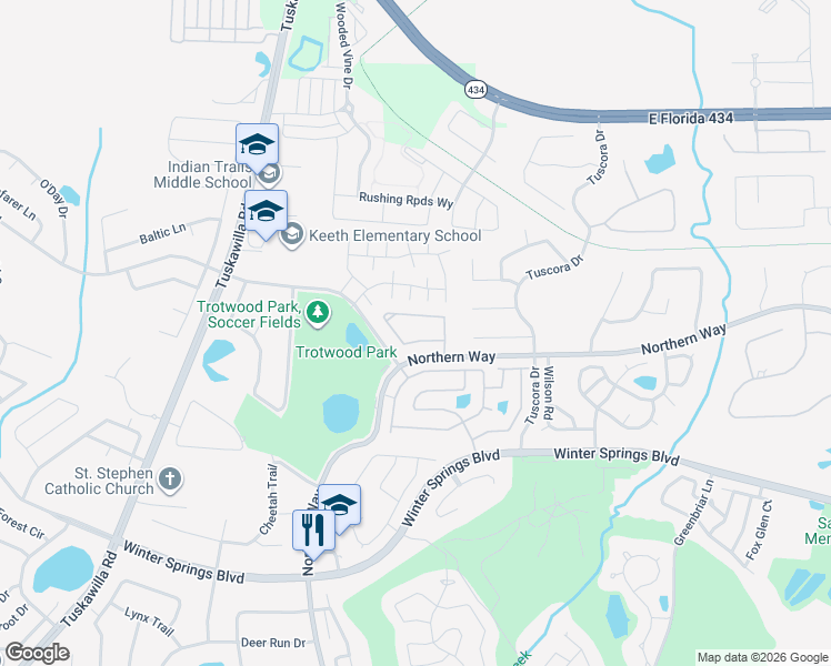 map of restaurants, bars, coffee shops, grocery stores, and more near 600 Northern Way in Winter Springs