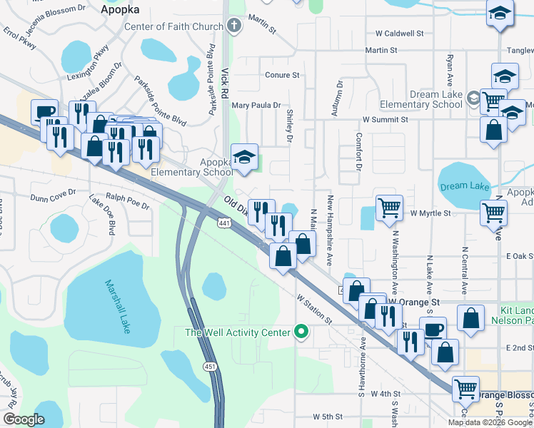 map of restaurants, bars, coffee shops, grocery stores, and more near 633 Old Dixie Highway in Apopka