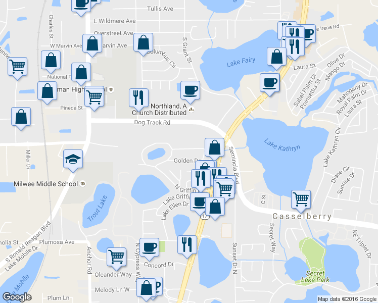 map of restaurants, bars, coffee shops, grocery stores, and more near 211 Pine Tree Drive in Casselberry