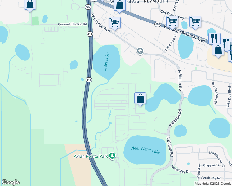 map of restaurants, bars, coffee shops, grocery stores, and more near 2610 Peterson Road in Apopka
