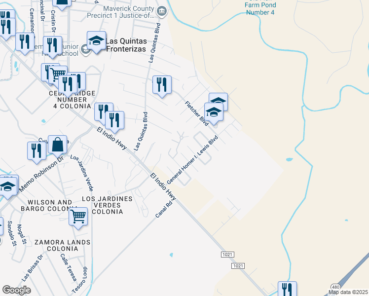 map of restaurants, bars, coffee shops, grocery stores, and more near 2293 Villa Circle in Eagle Pass