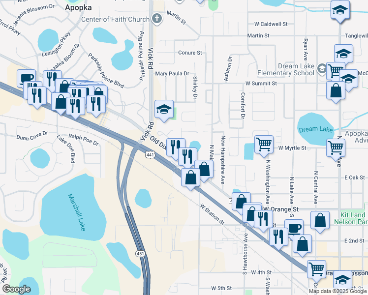 map of restaurants, bars, coffee shops, grocery stores, and more near 633 Old Dixie Highway in Apopka