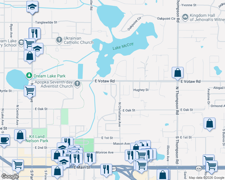 map of restaurants, bars, coffee shops, grocery stores, and more near 339 North Cervidae Drive in Apopka
