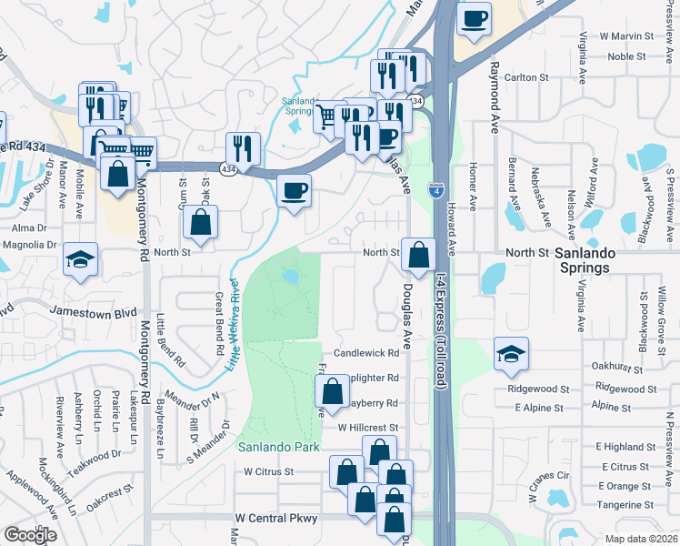 map of restaurants, bars, coffee shops, grocery stores, and more near 945 Larson Drive in Altamonte Springs