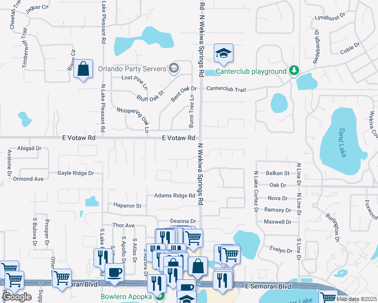 map of restaurants, bars, coffee shops, grocery stores, and more near 2204 Votaw Road in Apopka