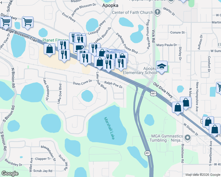 map of restaurants, bars, coffee shops, grocery stores, and more near 406 Nancy Lou Road in Apopka