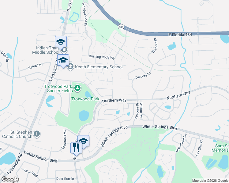 map of restaurants, bars, coffee shops, grocery stores, and more near 600 Northern Way in Winter Springs