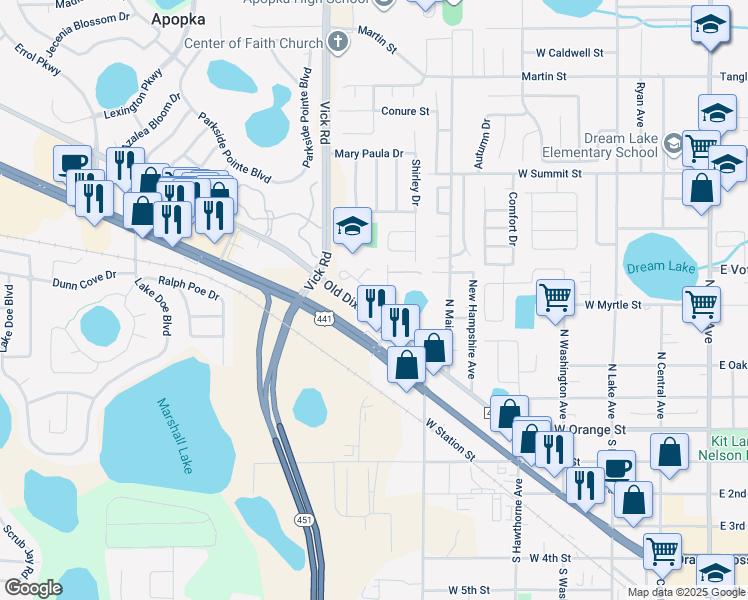 map of restaurants, bars, coffee shops, grocery stores, and more near 633 Old Dixie Highway in Apopka