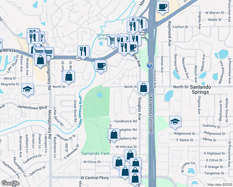 map of restaurants, bars, coffee shops, grocery stores, and more near 945 Larson Drive in Altamonte Springs