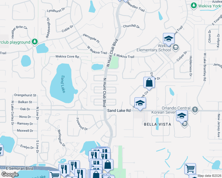 map of restaurants, bars, coffee shops, grocery stores, and more near 110 Cottesmore Circle East in Wekiwa Springs