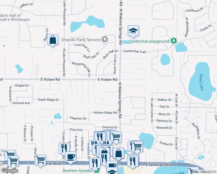 map of restaurants, bars, coffee shops, grocery stores, and more near 2204 Votaw Road in Apopka