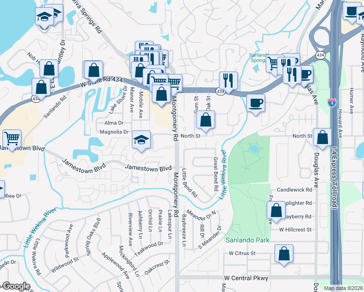 map of restaurants, bars, coffee shops, grocery stores, and more near 902 Delta Court in Altamonte Springs