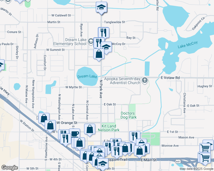 map of restaurants, bars, coffee shops, grocery stores, and more near 117 East Myrtle Street in Apopka