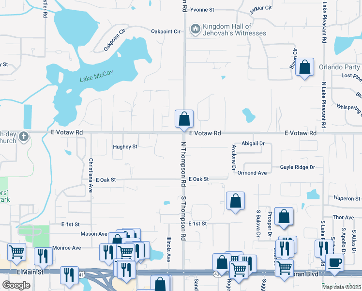map of restaurants, bars, coffee shops, grocery stores, and more near 316 North Thompson Road in Apopka