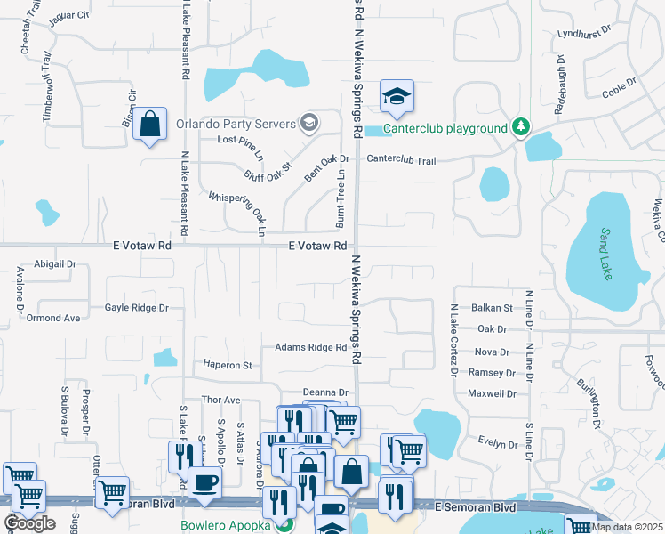 map of restaurants, bars, coffee shops, grocery stores, and more near 2204 Votaw Road in Apopka