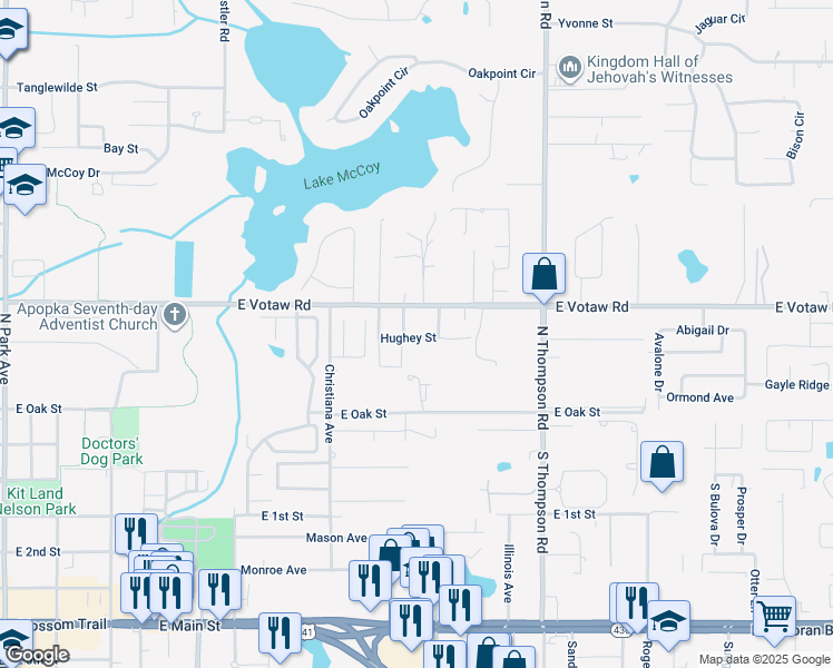 map of restaurants, bars, coffee shops, grocery stores, and more near 855 Hughey Street in Apopka