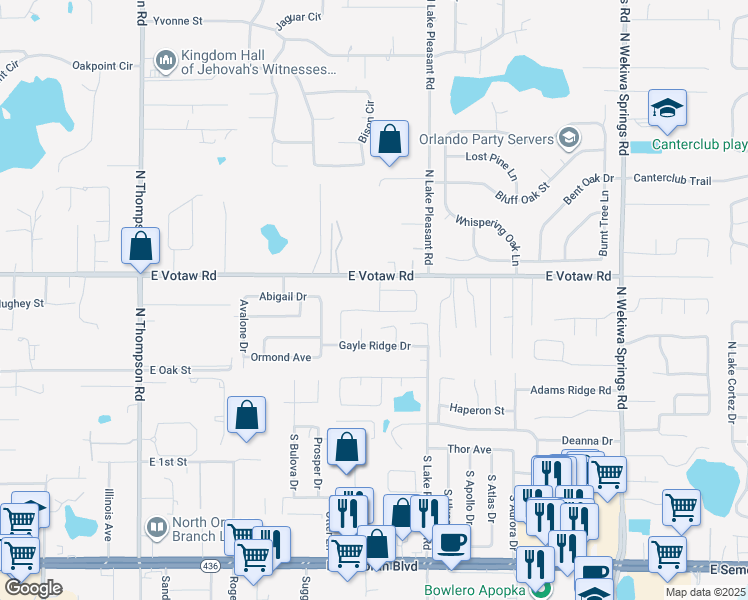 map of restaurants, bars, coffee shops, grocery stores, and more near 308 Wekiva Chase Boulevard in Apopka