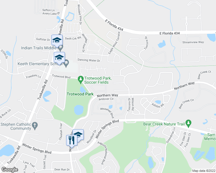 map of restaurants, bars, coffee shops, grocery stores, and more near 1381 Yellow Pine Court in Winter Springs