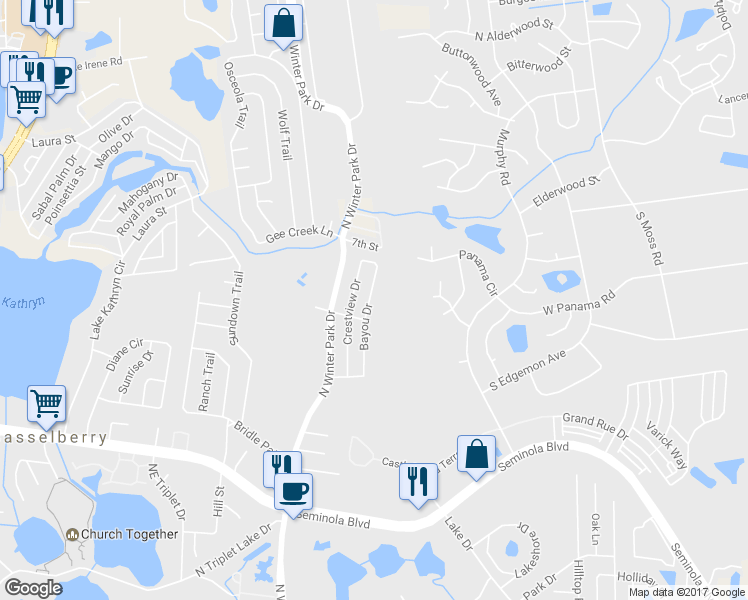 map of restaurants, bars, coffee shops, grocery stores, and more near 731 Bayou Drive in Casselberry