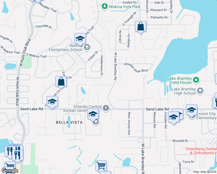 map of restaurants, bars, coffee shops, grocery stores, and more near 3507 Vestavia Way in Longwood