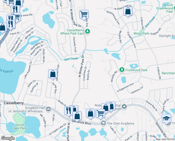 map of restaurants, bars, coffee shops, grocery stores, and more near 720 Crestview Drive in Casselberry