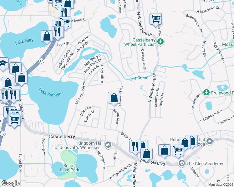 map of restaurants, bars, coffee shops, grocery stores, and more near 802 Paddock Way in Casselberry