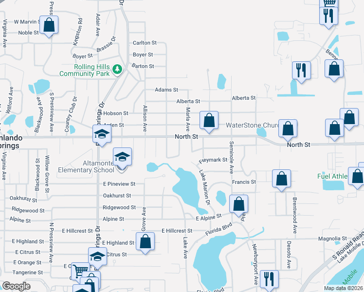 map of restaurants, bars, coffee shops, grocery stores, and more near 1204 Marla Avenue in Altamonte Springs
